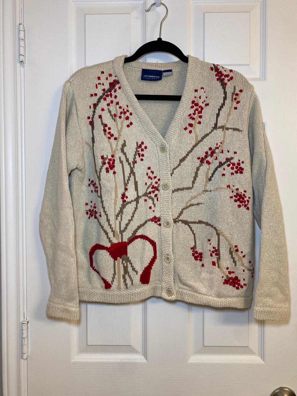 Vintage Liz Claiborne Lizsport Holly Berry Cardigan Sweater Medium 100% Cotton